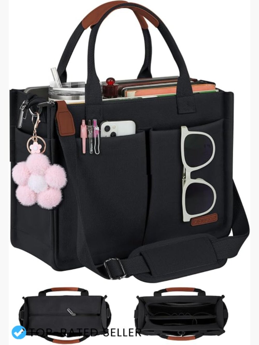 Canvas Tote Bag with 14 Pockets Zipper Top Crossbody Strap Luggage Sleeve